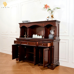 Buffet de présentation antique, meuble de rangement en bois massif foncé fait main avec étagères ouvertes pour cuisine et salon - Product Image 2