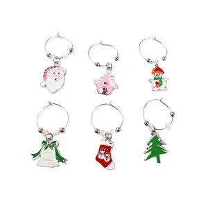 Bán Buôn Rượu Vang Trang Trí Kim Loại Dễ Thương Vòng Tròn Rượu Vang Đỏ Thủy Tinh Charms Nhẫn Set Cho Thanh Giáng Sinh Đảng