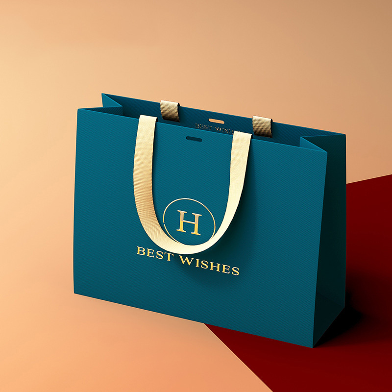 Custom Print Luxury Clothing Packaging Retail Gift Dark Blue Reusable Shopping Printed Paper Bag With Handle for Business