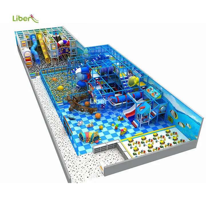 Blu stile oceano parco giochi comercial centro giochi al coperto con due grandi piscine a sfera per bambini struttura di gioco al coperto per la vendita