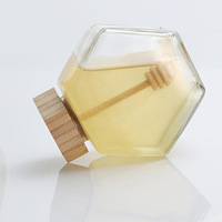 꿀 용기 디스펜서 저장 100ML 220ML 380ML 육각형 유리 꿀 병 나무 교반 막대