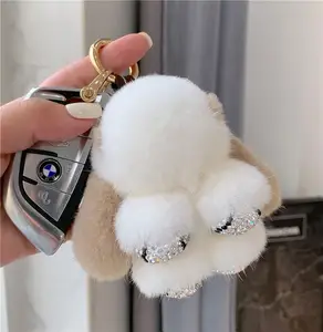Cute Rabbit Keychain In Real Mink Fur With Diamonds