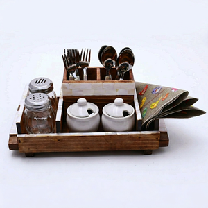 Bandeja de Almacenamiento Rectangular de Madera con Compartimentos Multifuncionales para Vajilla y Condimentos, Diseño Minimalista - Product Image 1