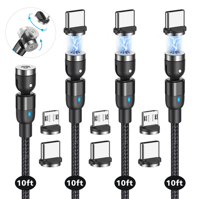 Magnetic Cable 540 Rotating Magnetic With Led Light Angle Connector Nylon-braided Cords Phone 3 in 1 Magnetic Charger Cable
