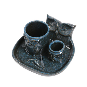 Support d'encens en bois sacré péruvien American Owl Sage, plateau à bougie en céramique effet four, design hibou cylindrique, fait main - Product Image 5