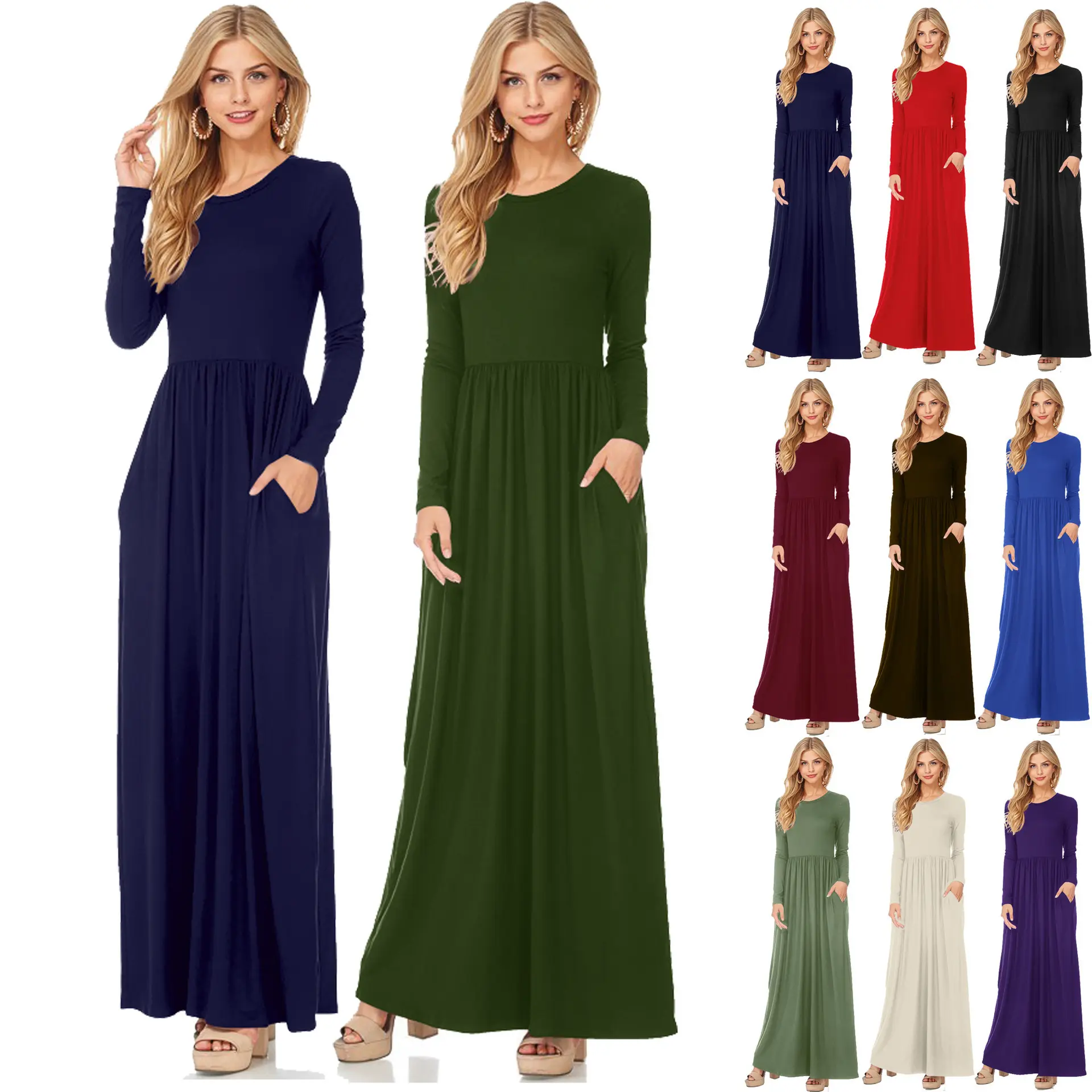 Lange Mouw Pocket Jurk Nieuwe Stijl Openingsceremonie Kleding Kleding Plus Size Vrouw Maxi Jurk