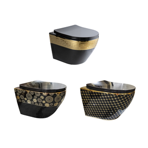 Inodoro Moderno de Cerámica Personalizado de Una Pieza con Doble Descarga, de Lujo, Suspendido en la Pared, Acabado Negro y Dorado, con Tanque Oculto y Sifón en P para Baño - Product Image 1