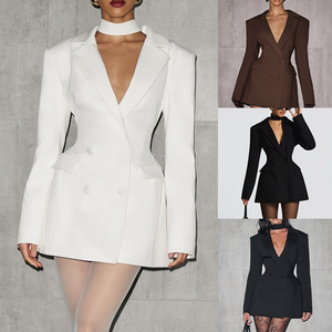 Nuovo <span class=keywords><strong>Abito</strong></span> Blazer Corto da Donna 2026 con Maniche Lunghe, Collo a V, <span class=keywords><strong>Doppio</strong></span> <span class=keywords><strong>Petto</strong></span>, Vestibilità Slim, Stile Quotidiano e da Strada, Tinta Unita con Vita Stretta - Product Image 2