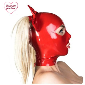 Sexy Red Latex BDSM Fetish <strong>Hooded</strong> Mask Open Ponytail Bow with Back Zipper and Wig for Men's Cosplay Costumes - Product Image 2