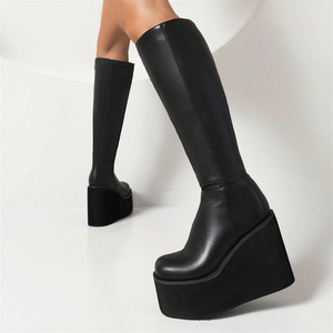 Custom Plus Size Round Toe <b>Knee</b> <b>High</b> Zip Ladies Thick Sole Platform Women Wedges Boots - Product Image 1