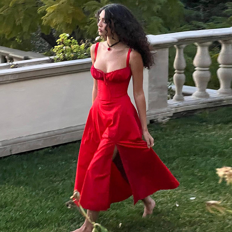 High Quality Red Midi Slit Western Dress Corset Back Strap