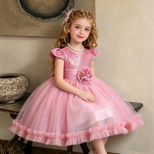 Girls' <b>Sequined</b> Tulle Princess Dress Lake Blue O-Neck Short Sleeve Flower Girl Party Dress 930 - Product Image 2
