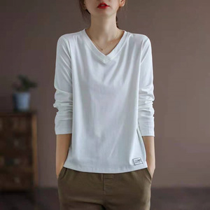 V-neck Solid Color Long Sleeve T-Shirt For Women Loose Fit <b>Base</b> <b>Layer</b> Top Plus Size Trendy Knitted Polyester Fiber - Product Image 5