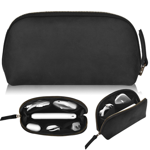 Genuine Leather Brown Eco-friendly Vintage Zipper Pouch for Phone Chargers Travel Accessories Portable Electronic Organizer Case