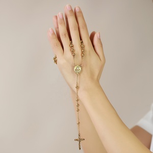 Collar De Rosario chapado en oro con cuentas de Cruz de Jesús católico religioso de cadena larga de acero inoxidable para hombres <span class=keywords><strong>y</strong></span> mujeres - Product Image 4