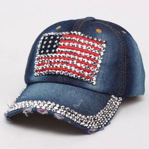 Venta al por mayor Original sin estructura lavado hecho viejo Denim Bling Vintage bandera americana Rhinestone gorra de béisbol - Product Image 6