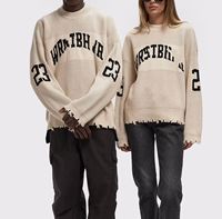 Pull tricoté unisexe streetwear déchiré et vieilli couleur crème, à ourlet effiloché, chaud pour l'hiver, style universitaire oversize pour homme, personnalisable