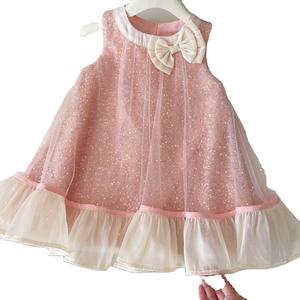 Robe de princesse de fête mignonne à sequins en maille sans manches pour enfants, avec nœud pour filles, vente en gros d'été - Product Image 1