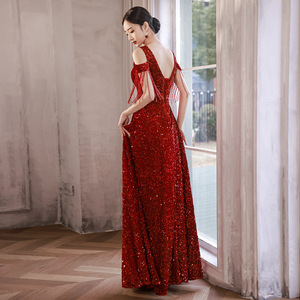 Vestido de Noche Elegante con Lentejuelas para Mujer, Color Vino Tinto, para Boda, Compromiso, Otoño, Talla Grande - Product Image 5