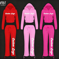 Ensemble survêtement deux pièces pour femme, vintage, streetwear, en molleton de coton, avec patch brodé personnalisé, comprenant un sweat à capuche court zippé et un pantalon de survêtement, hiver