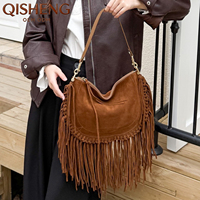 Sac bandoulière demi-lune en daim et cuir véritable de luxe avec franges et pompons, style vintage haut de gamme pour femme