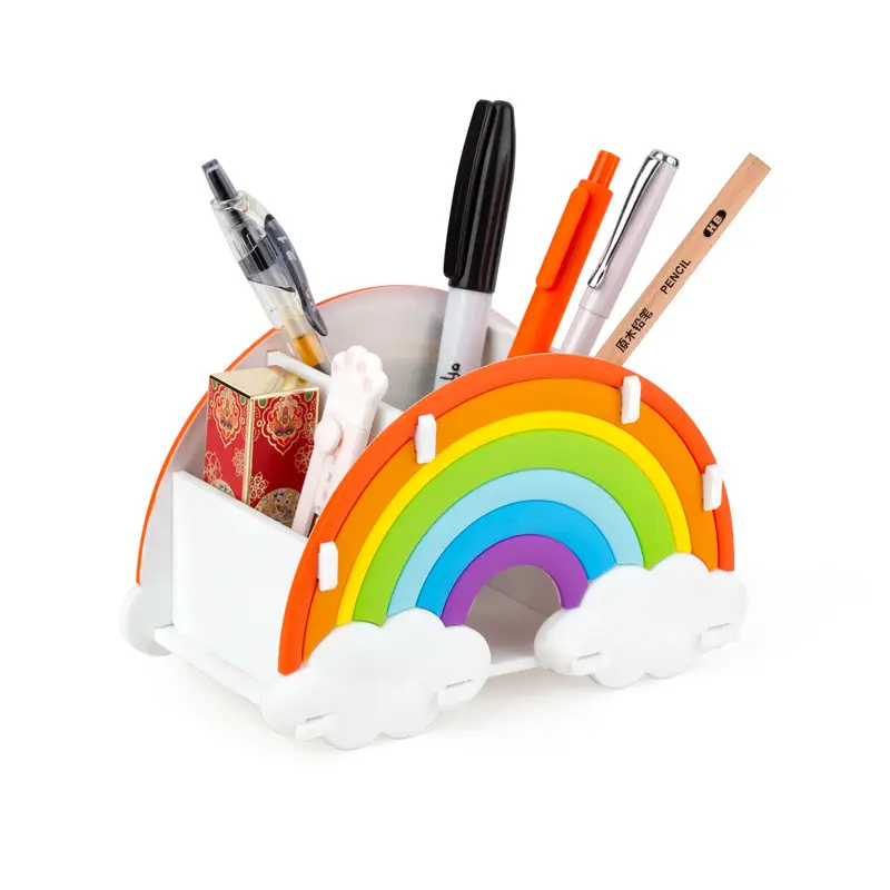 Caixa de armazenamento de papelaria para estudantes, porta canetas em PVC macio arco-íris criativo, para uso em mesa