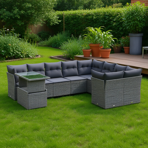 Ensemble de canapés de jardin en rotin gris avec verre trempé, mobilier d'extérieur 6 places, design contemporain, résistant aux intempéries - Product Image 2