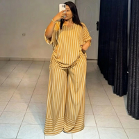 Ensemble pantalon long et haut rayé à col en V ample et décontracté pour femme, collection été 2025, style européen