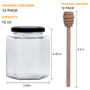 Cuisine en gros 350ml 12oz clair vide unique hexagone pots de miel en verre ensembles avec couvercles en métal d'étanchéité étiquette louche en bois - Product Image 2