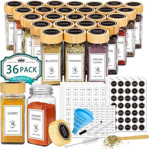 Kitchen Eco-Friendly Bamboo Wood Lid Glass Spice Jars Spice Containers Seasoning Bottles 24pcs 36pcs Spice Jars with Labels