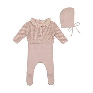 Baby Girl Waffle Knit High Quality Footie Ruffle Collar Newborn Girl Boy Spring Clothing for <strong>Toddler</strong> With Cardigan and Hat - Product Image 1
