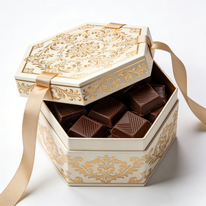 Boîte cadeau hexagonale de luxe personnalisée pour chocolats, avec motif gaufré en feuille d'or - Boîte cadeau rigide empilable pour chocolats gastronomiques - Product Image 1