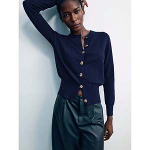 Wool Fitted <b>Cardigan</b> With Metal Buttons <b>Navy</b> Blue Women's Sweater - Product Image 6