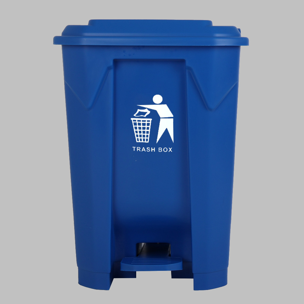 Etiqueta de eliminación de residuos con tapa azul y contenedor azul