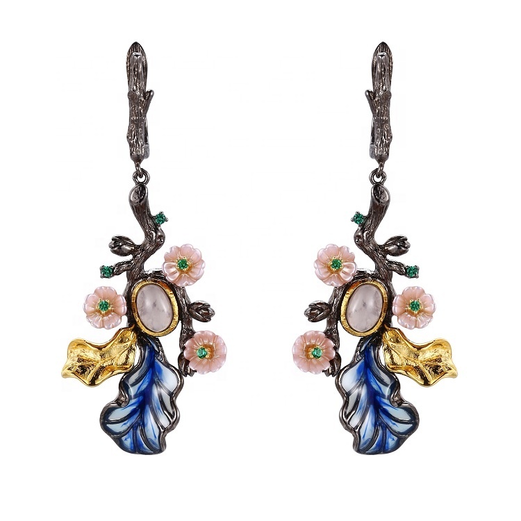 Nueva moda pendientes de plata 925 pendientes de collar rodio chapado en oro Shell flor esmalte Zircon conjunto de joyas