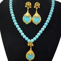 Collier et boucles d'oreilles en perles turquoise, style vintage, luxe léger, design floral élégant, ensemble de bijoux pour femmes pour mariage
