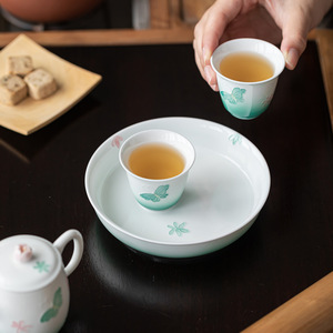 Round Ceramic Teapot Stand With Butterfly And Flower Design Porcelain <b>Tea</b> <b>Tray</b> Multifunctional For Home Use - Product Image 2