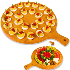 Elegant Bamboo Wood Deviled Egg Platter Reversible Wooden Round Cutting Serving Board For Charcuterie Cheese
