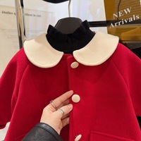 Manteau pour fille, style coréen, en laine rouge avec col blanc, hiver 2026, 2-7 ans
