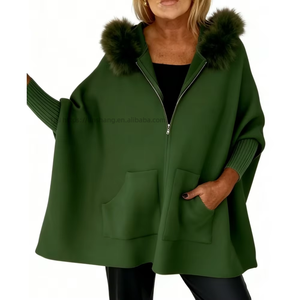 <b>Women's</b> Oversized Hooded <b>Cape</b> <b>Coat</b> - Faux Fur Trim Zip-Up Pocketed Winter <b>Womens</b> Clothes Fashion - Product Image 3