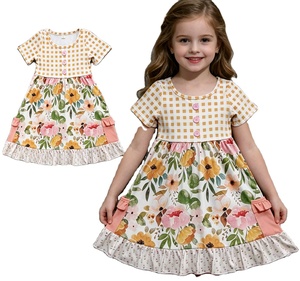 ชุดเดรสเด็กผู้หญิงลายดอกไม้ฤดูใบไม้ร่วงแบบเอไลน์แต่งระบาย  ขายส่งเสื้อผ้าเด็กสไตล์ลำลองสำหรับพี่น้อง - Product Image 1