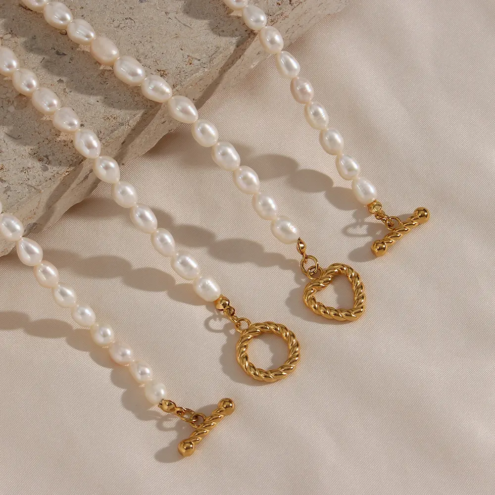 Classic Ins Style 18K Gold Plated Stainless Steel Chain Jewellery Heart Buckle Collar Real Akoya Freshwater Pearl Necklace