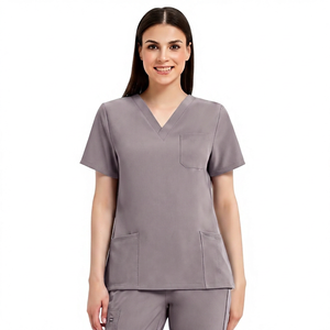 Haut de blouse médicale pour femme, col en V, noir, coton et polyester, tissé, uniforme d'hôpital, avec poches - Product Image 5