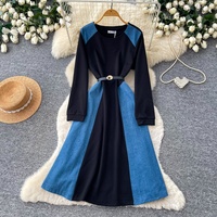 Robe midi élégante à manches longues, à blocs de couleur, avec ceinture, en denim patchwork pour femmes, vêtements décontractés pour tous les jours, vente en gros de vêtements pour femmes