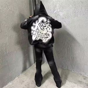 Conjunto de Sudadera con Capucha y Pantalones Deportivos para Hombre, Estilo Urbano Otoñal, Lavado Ácido Personalizado, Cierre de Cremallera, Parches Desgastados, Estilo Acampanado con Estampado - Product Image 2