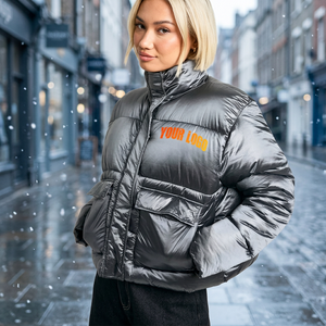 Unisex Black Puffer <b>Jacket</b> Stand Collar Zipper Closure Quilted Windproof Thick Winter Coat Front Logo Printing Casual Style - Product Image 3