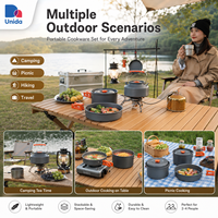 Ensemble de cuisine de camping avec bouilloire, casseroles, poêle et accessoires, design compact et empilable pour la randonnée, les pique-niques et les voyages