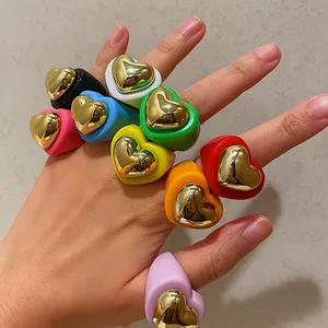 2021 New Color Big Love Heart Acrylic Resin Rings Gold Metal Geometric Chunky Ring For Women Friends Couple Travel Jewelry