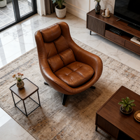 Fauteuil pivotant en cuir marron : coussin capitonné, siège confortable pour salon