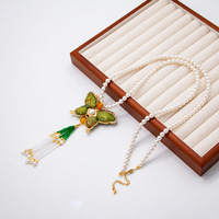 Collier en perles avec pendentif papillon en brocart et pompon, style chinois vintage, pour femme, vente en gros